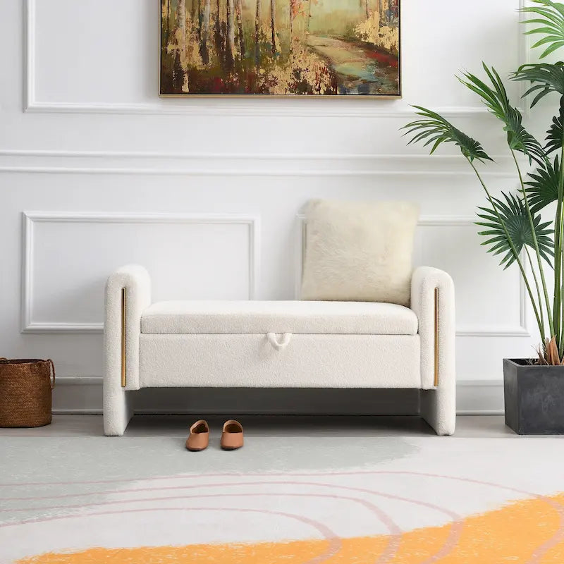 Modern Teddy Bench with Arms and Storage, Upholstered Large Foot Rest Stool, Comfy Window Vanity Bench