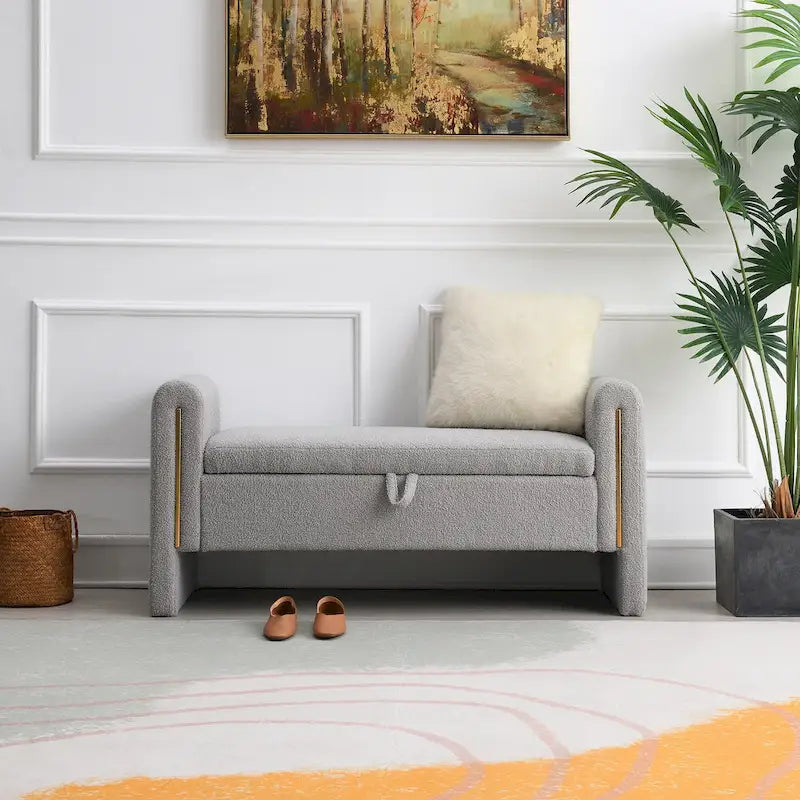 Modern Teddy Bench with Arms and Storage, Upholstered Large Foot Rest Stool, Comfy Window Vanity Bench
