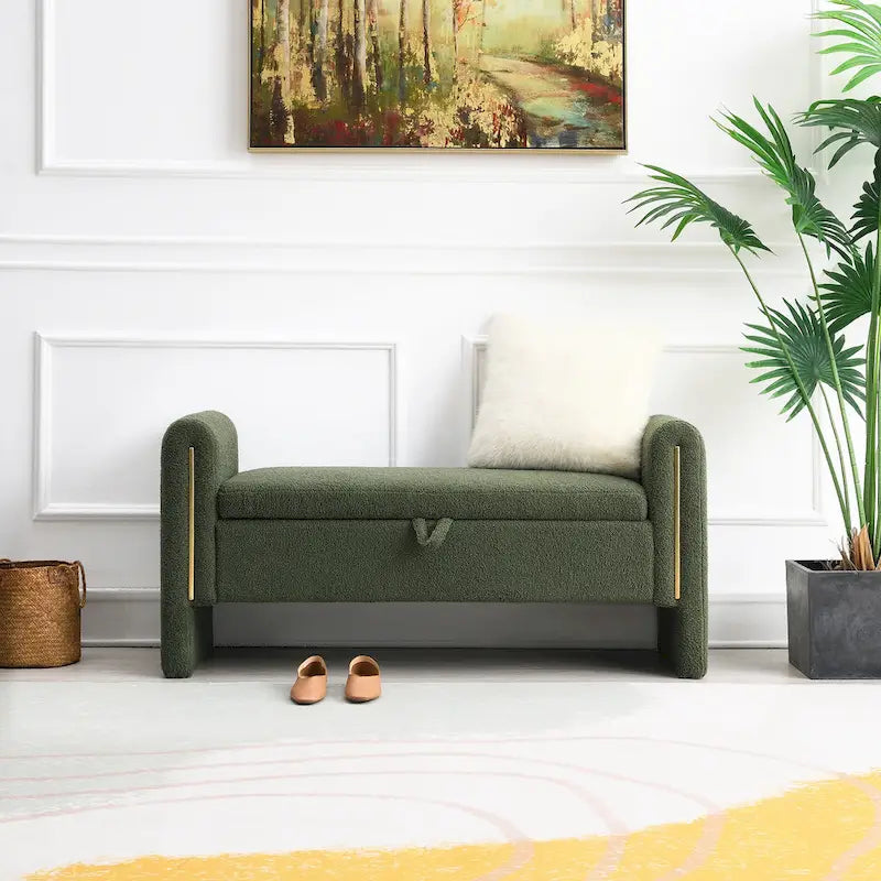 Modern Teddy Bench with Arms and Storage, Upholstered Large Foot Rest Stool, Comfy Window Vanity Bench