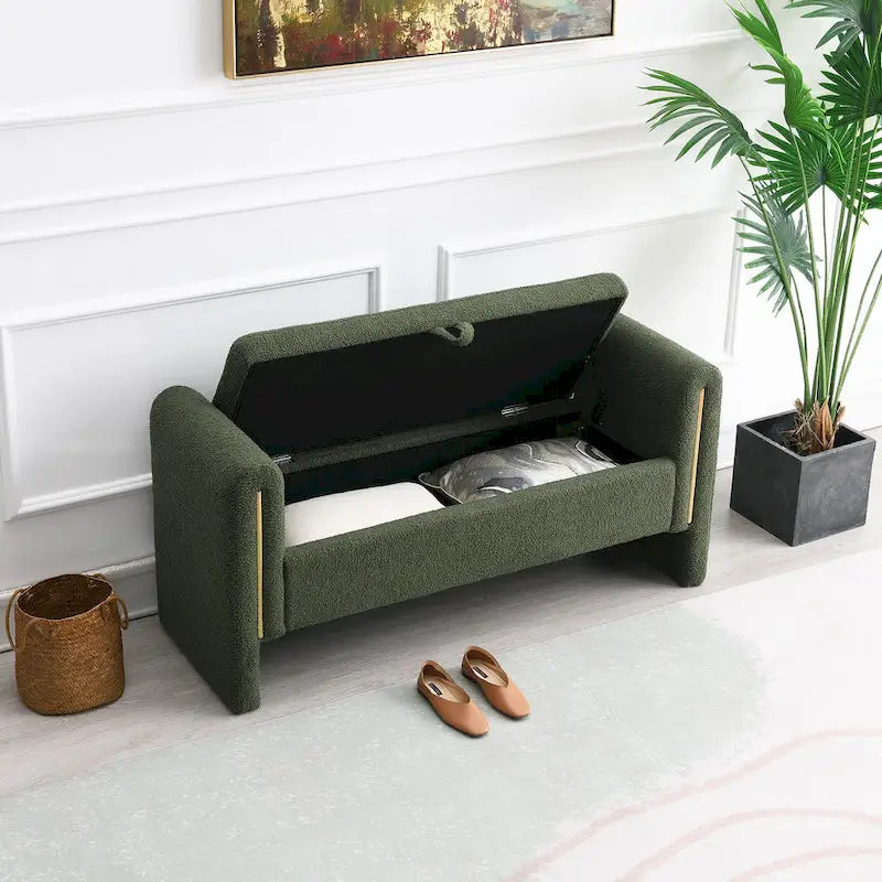 Modern Teddy Bench with Arms and Storage, Upholstered Large Foot Rest Stool, Comfy Window Vanity Bench