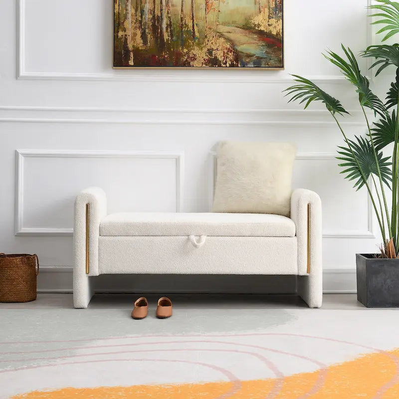 Modern Teddy Bench with Arms and Storage, Upholstered Large Foot Rest Stool, Comfy Window Vanity Bench
