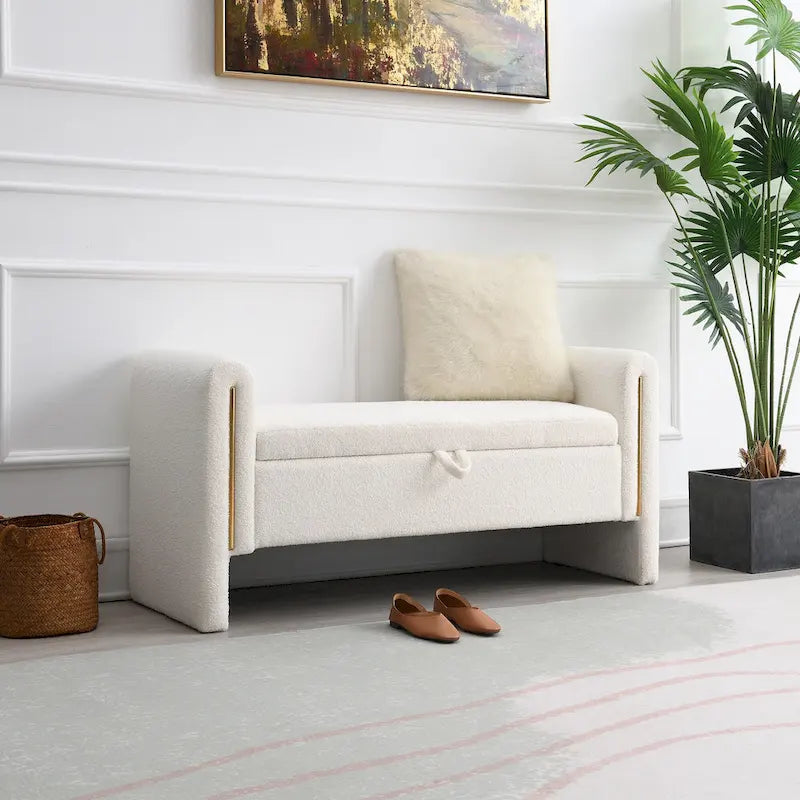 Modern Teddy Bench with Arms and Storage, Upholstered Large Foot Rest Stool, Comfy Window Vanity Bench