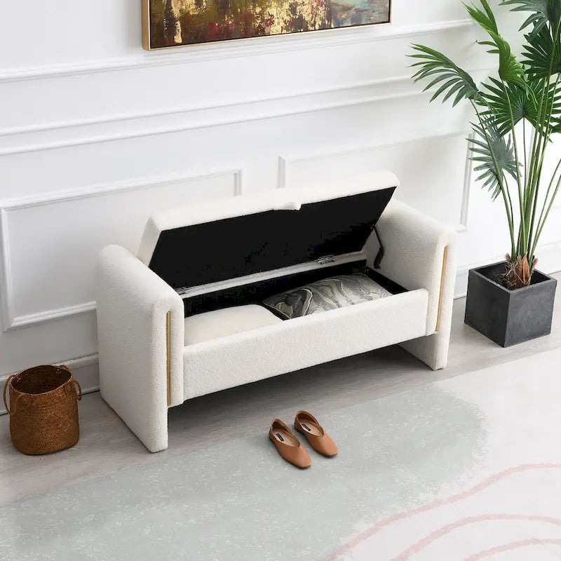 Modern Teddy Bench with Arms and Storage, Upholstered Large Foot Rest Stool, Comfy Window Vanity Bench
