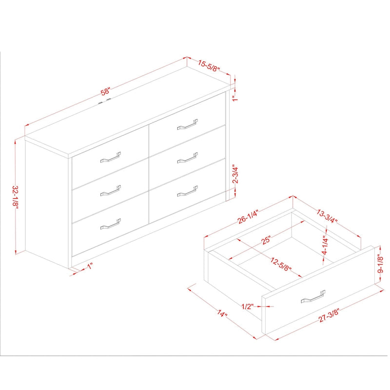 Rustic 56-inch Wide 6-Drawer Walnut Dresser with USB Ports
