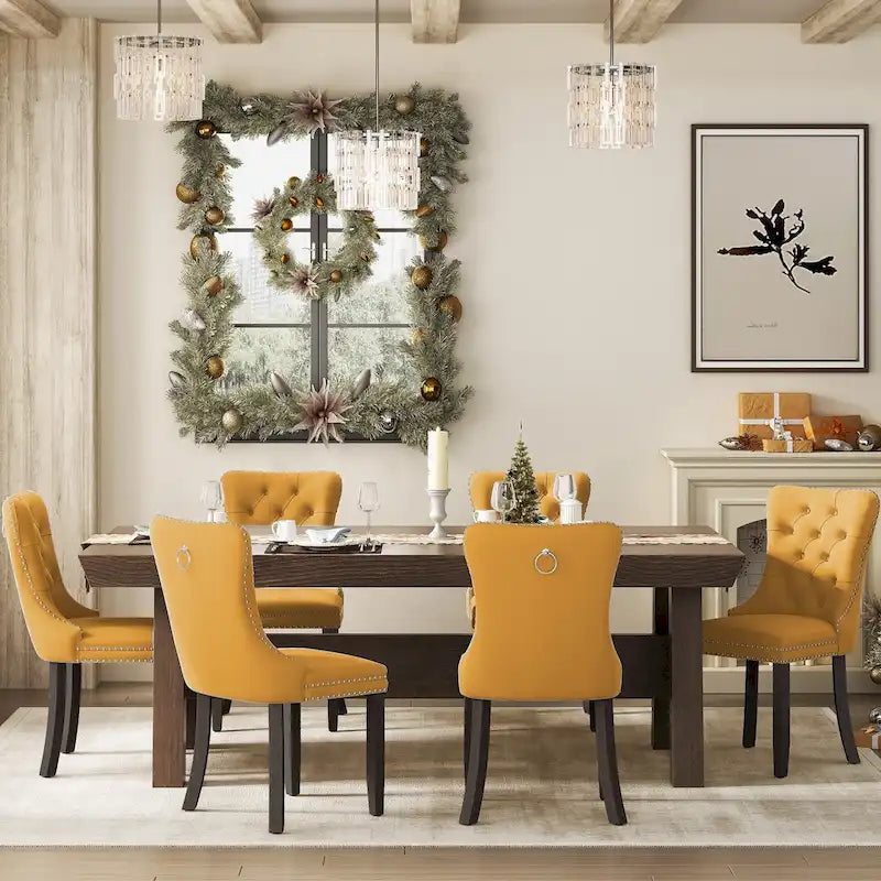 Upholstered Tufted Velvet Dining Chair with Solid Wood Legs