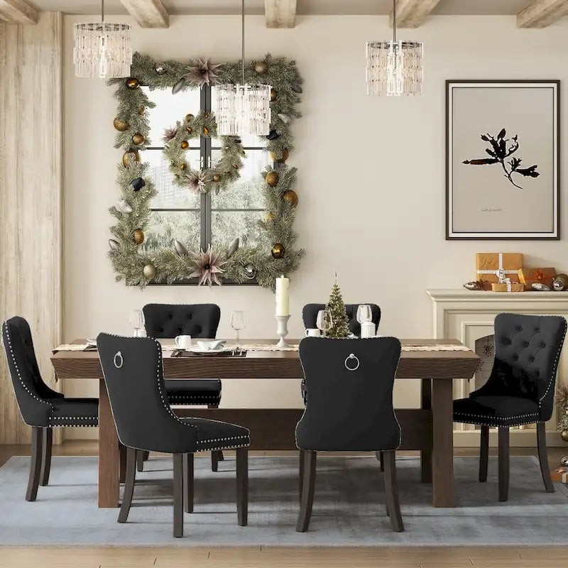 Upholstered Tufted Velvet Dining Chair with Solid Wood Legs