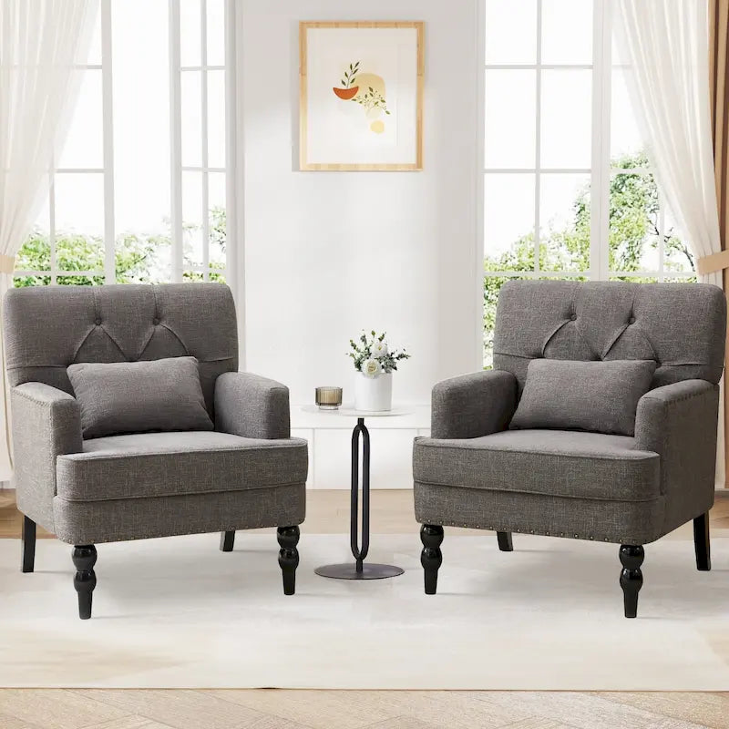 Arm Chair Upholstered Button Tufted Accent Chair with Lumbar Pillow Beige/ Grey/ Light Blue