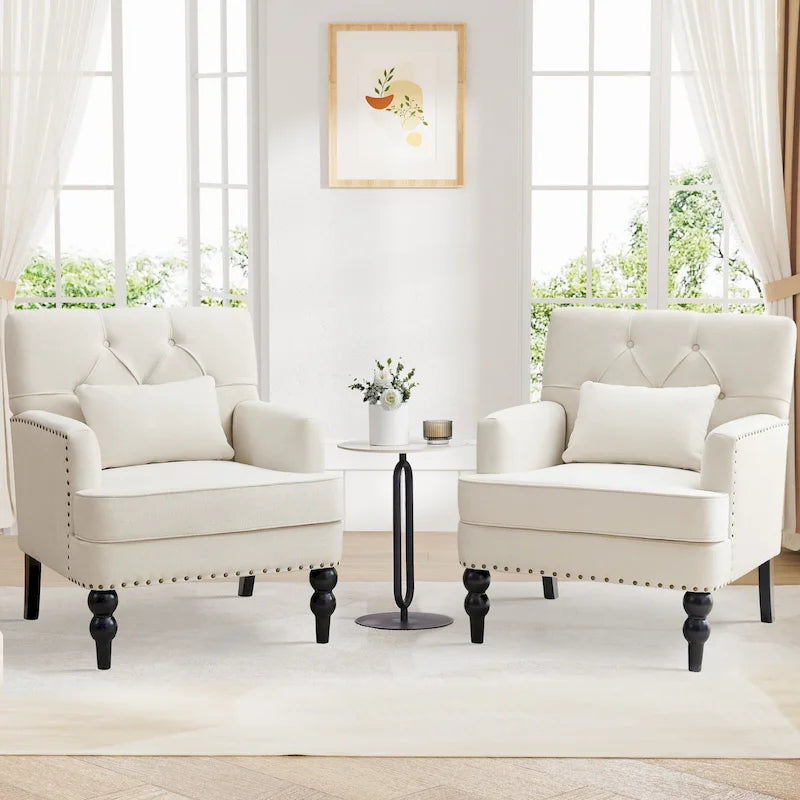 Arm Chair Upholstered Button Tufted Accent Chair with Lumbar Pillow Beige/ Grey/ Light Blue