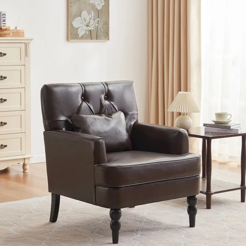 Arm Chair Upholstered Button Tufted Accent Chair with Lumbar Pillow Beige/ Grey/ Light Blue