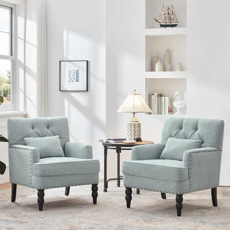 Arm Chair Upholstered Button Tufted Accent Chair with Lumbar Pillow Beige/ Grey/ Light Blue