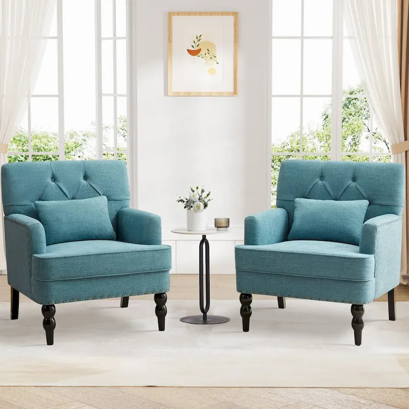 Arm Chair Upholstered Button Tufted Accent Chair with Lumbar Pillow Beige/ Grey/ Light Blue
