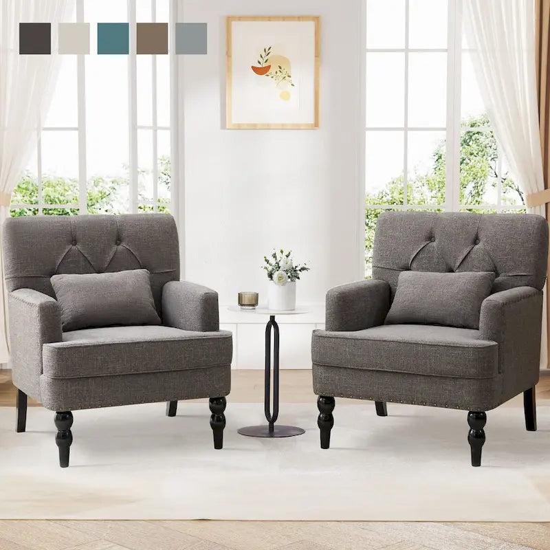 Arm Chair Upholstered Button Tufted Accent Chair with Lumbar Pillow Beige/ Grey/ Light Blue
