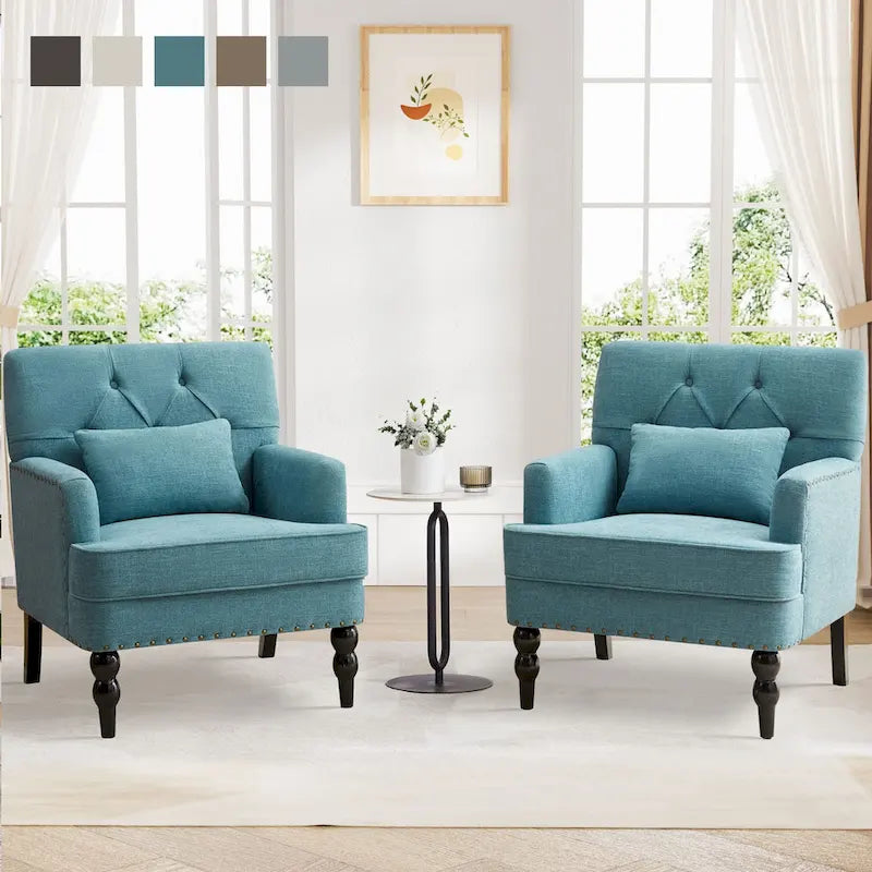 Arm Chair Upholstered Button Tufted Accent Chair with Lumbar Pillow Beige/ Grey/ Light Blue