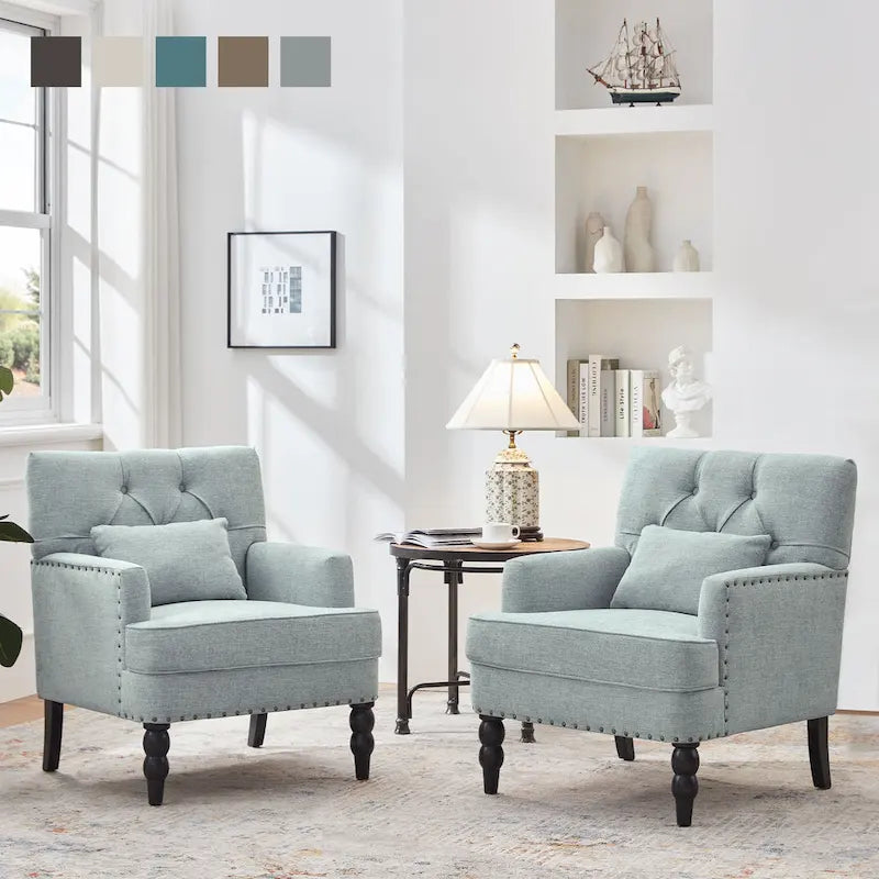 Arm Chair Upholstered Button Tufted Accent Chair with Lumbar Pillow Beige/ Grey/ Light Blue