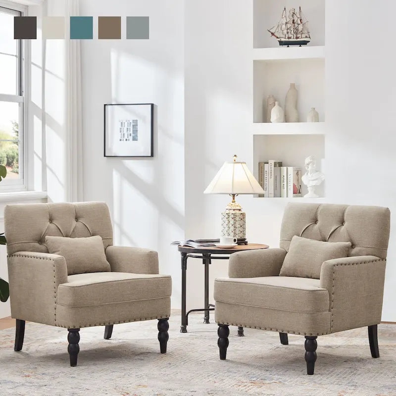 Arm Chair Upholstered Button Tufted Accent Chair with Lumbar Pillow Beige/ Grey/ Light Blue