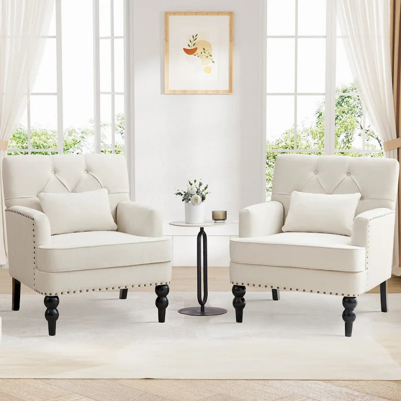 Arm Chair Upholstered Button Tufted Accent Chair with Lumbar Pillow Beige/ Grey/ Light Blue