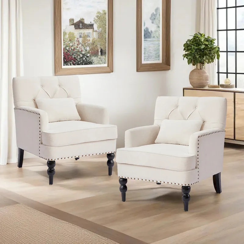 Arm Chair Upholstered Button Tufted Accent Chair with Lumbar Pillow Beige/ Grey/ Light Blue