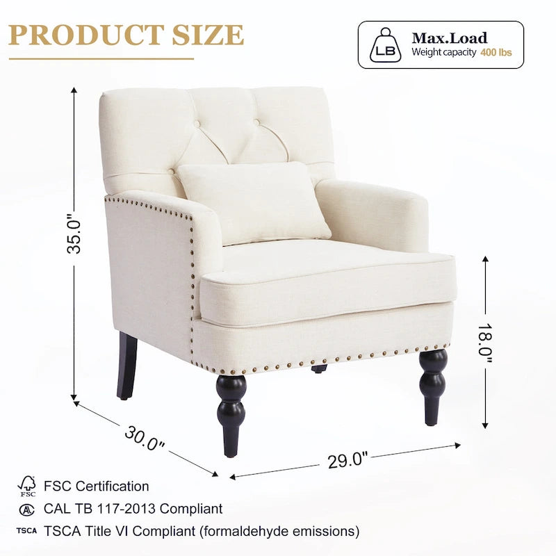 Arm Chair Upholstered Button Tufted Accent Chair with Lumbar Pillow Beige/ Grey/ Light Blue