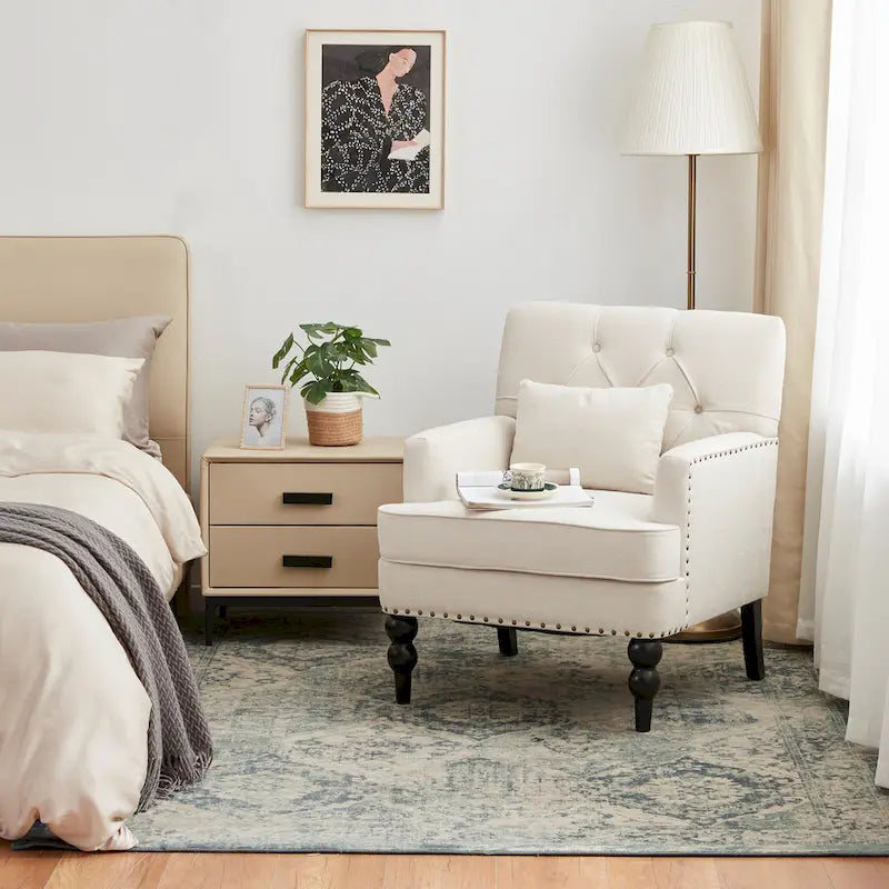 Arm Chair Upholstered Button Tufted Accent Chair with Lumbar Pillow Beige/ Grey/ Light Blue