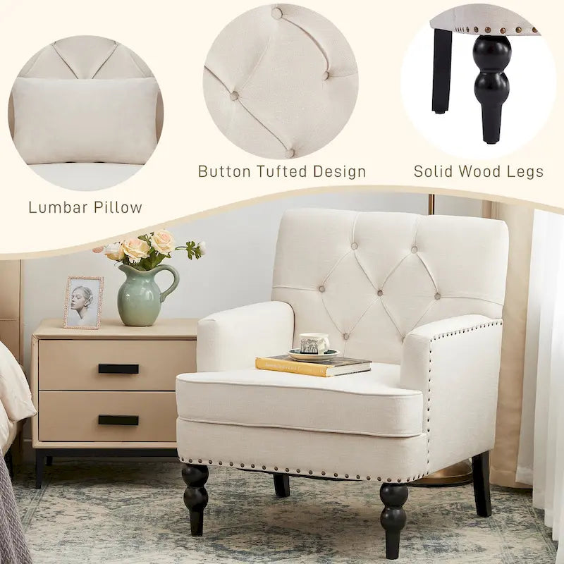Arm Chair Upholstered Button Tufted Accent Chair with Lumbar Pillow Beige/ Grey/ Light Blue
