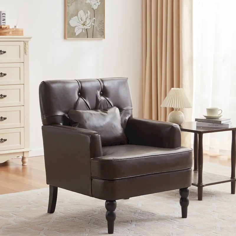 Arm Chair Upholstered Button Tufted Accent Chair with Lumbar Pillow Beige/ Grey/ Light Blue