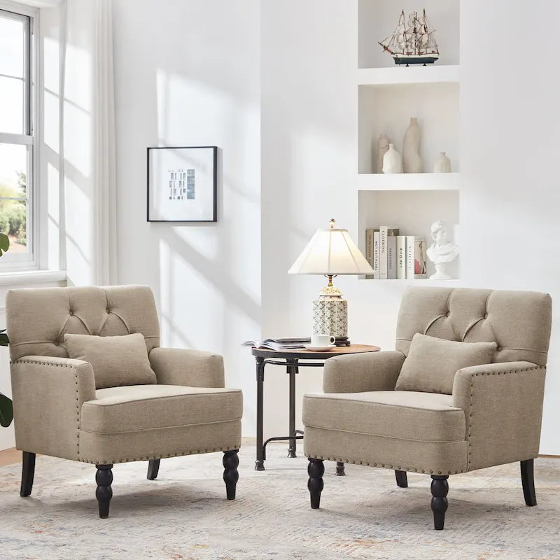 Arm Chair Upholstered Button Tufted Accent Chair with Lumbar Pillow Beige/ Grey/ Light Blue