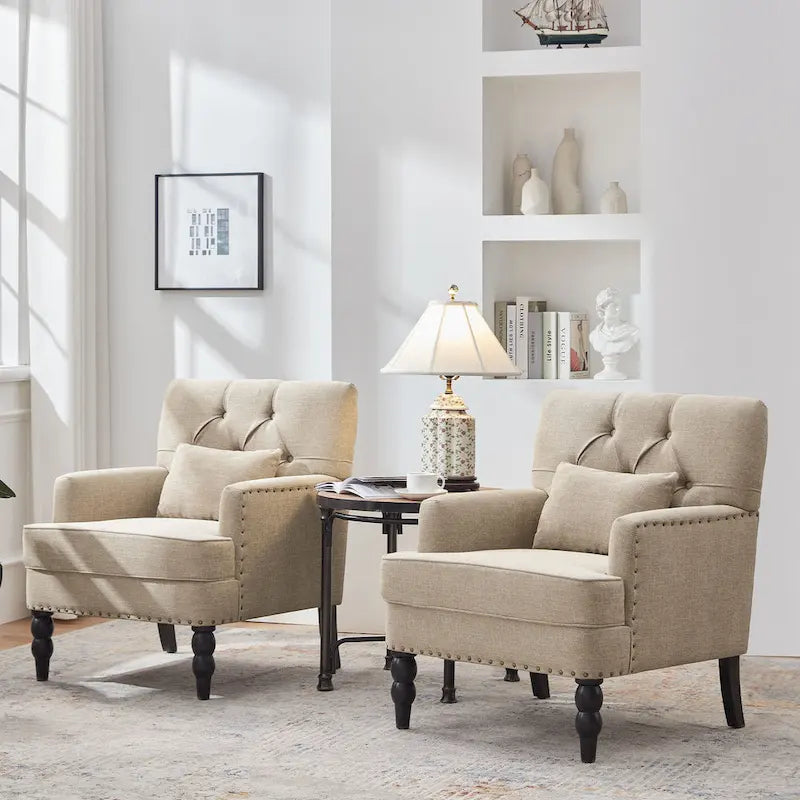 Arm Chair Upholstered Button Tufted Accent Chair with Lumbar Pillow Beige/ Grey/ Light Blue