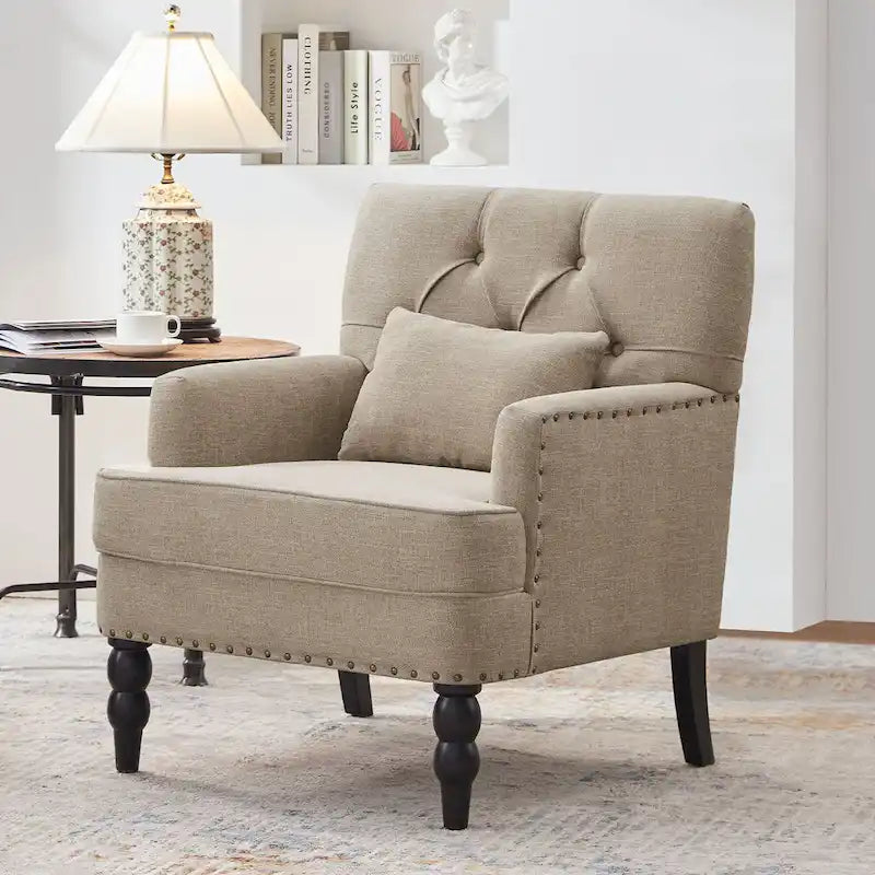 Arm Chair Upholstered Button Tufted Accent Chair with Lumbar Pillow Beige/ Grey/ Light Blue