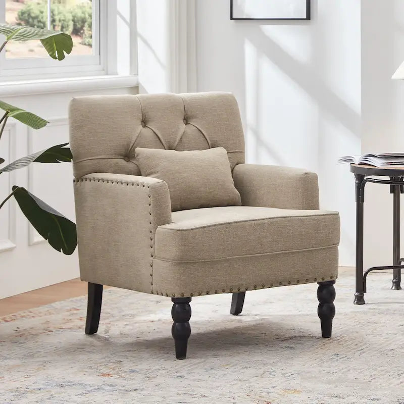 Arm Chair Upholstered Button Tufted Accent Chair with Lumbar Pillow Beige/ Grey/ Light Blue