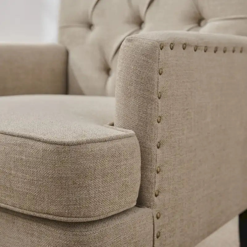 Arm Chair Upholstered Button Tufted Accent Chair with Lumbar Pillow Beige/ Grey/ Light Blue