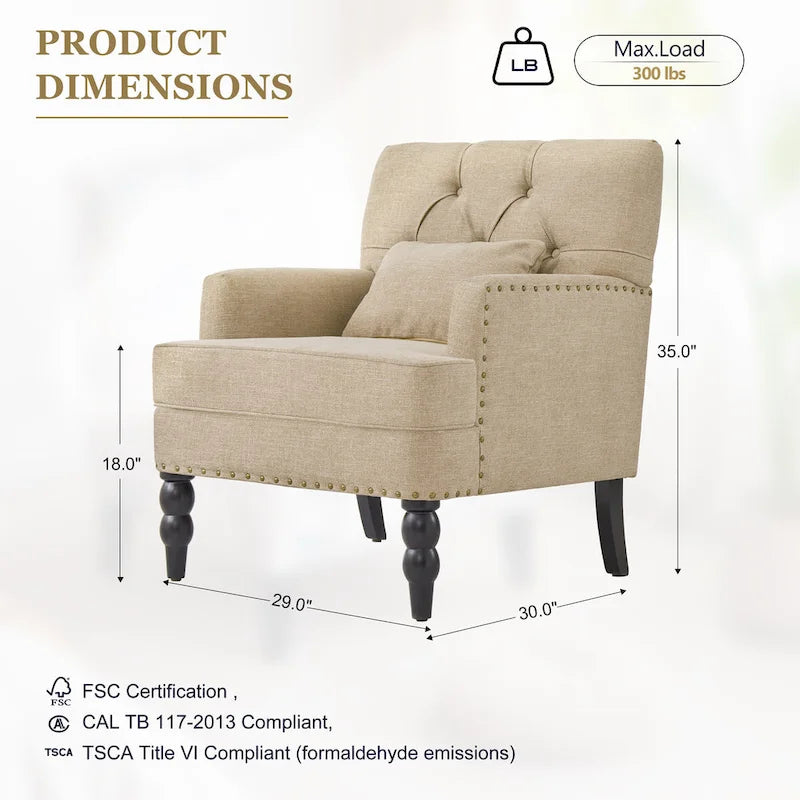 Arm Chair Upholstered Button Tufted Accent Chair with Lumbar Pillow Beige/ Grey/ Light Blue