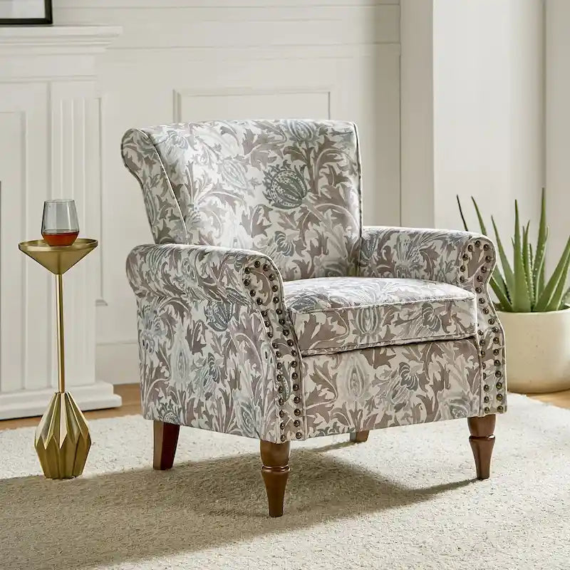 Traditional Polyester Accent Chair with Rolled Arms and Nailhead Trim