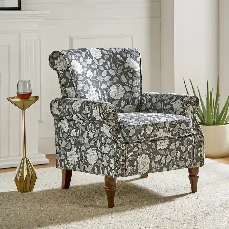 Traditional Polyester Accent Chair with Rolled Arms and Nailhead Trim