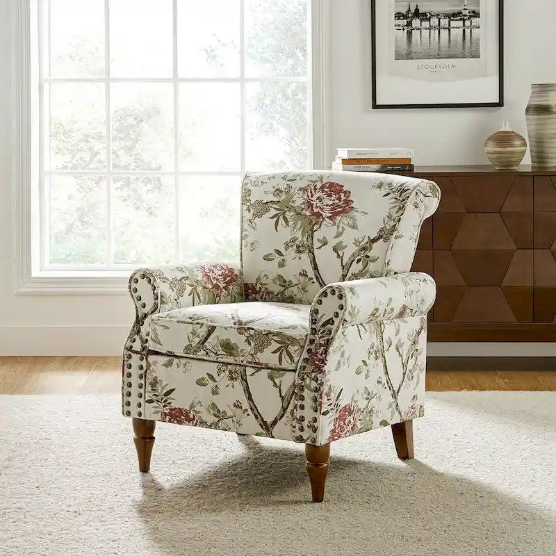 Traditional Polyester Accent Chair with Rolled Arms and Nailhead Trim