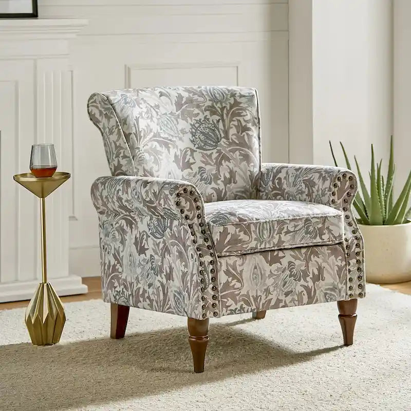 Traditional Polyester Accent Chair with Rolled Arms and Nailhead Trim