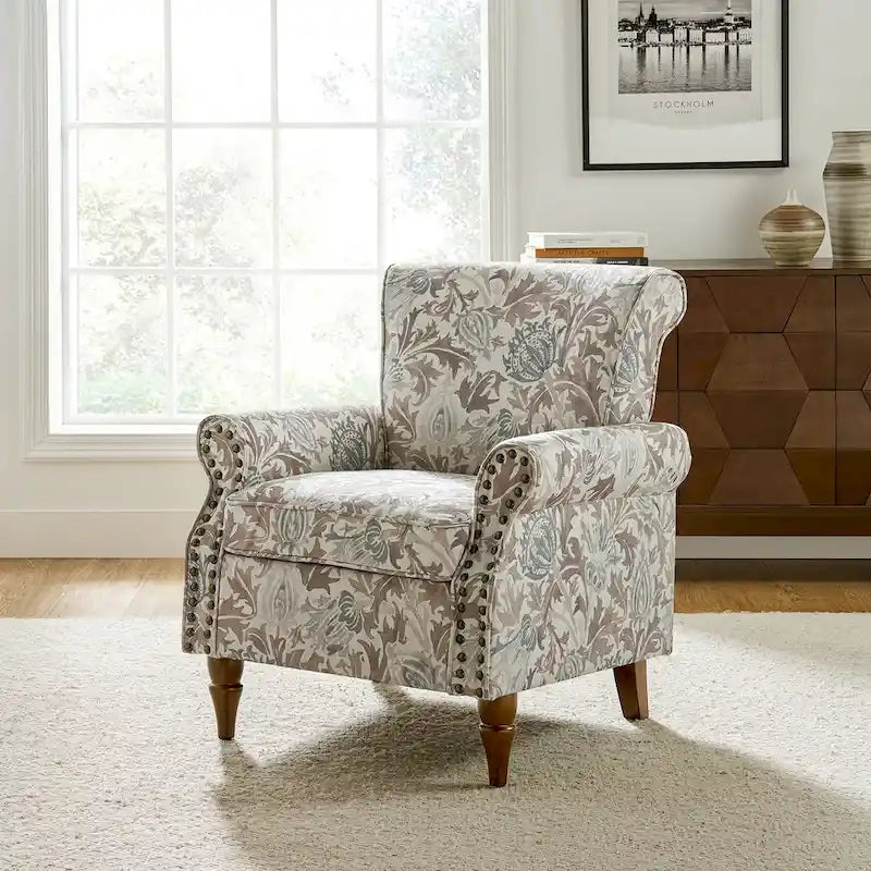 Traditional Polyester Accent Chair with Rolled Arms and Nailhead Trim