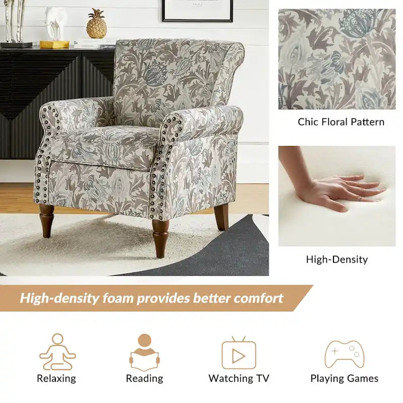 Traditional Polyester Accent Chair with Rolled Arms and Nailhead Trim