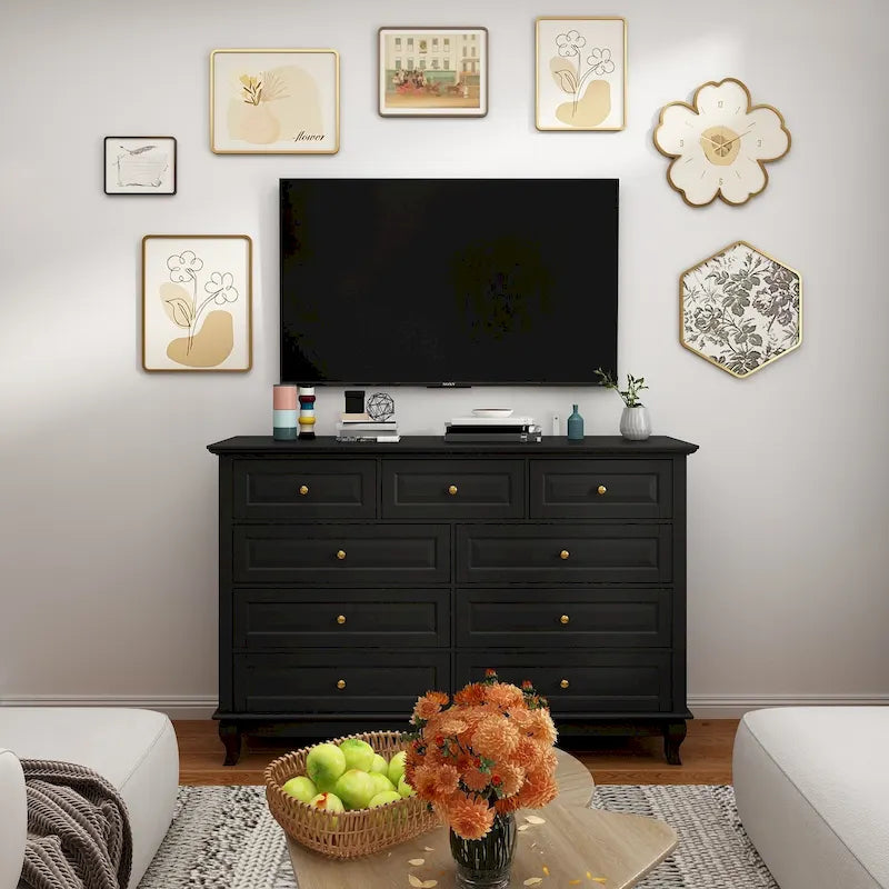 9-Drawer Dresser with Solid Wood Legs Chest Of Drawers Lacquer Console