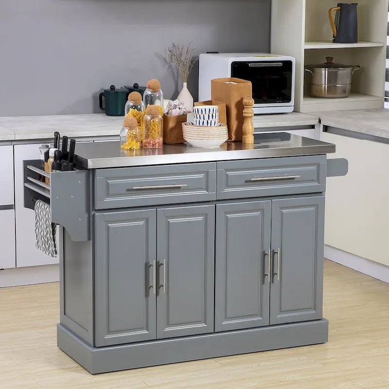 Rolling Kitchen Island with Storage, Portable Kitchen Cart with Stainless Steel Top, Gray