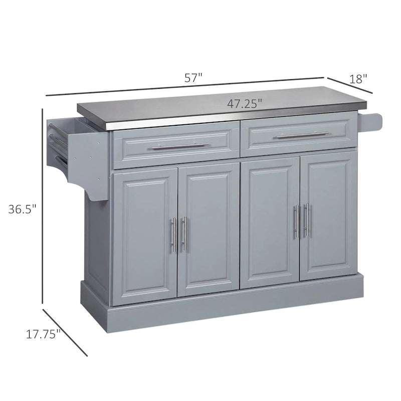 Rolling Kitchen Island with Storage, Portable Kitchen Cart with Stainless Steel Top, Gray
