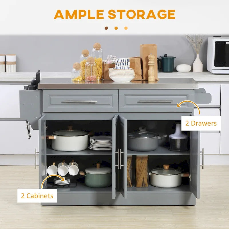 Rolling Kitchen Island with Storage, Portable Kitchen Cart with Stainless Steel Top, Gray