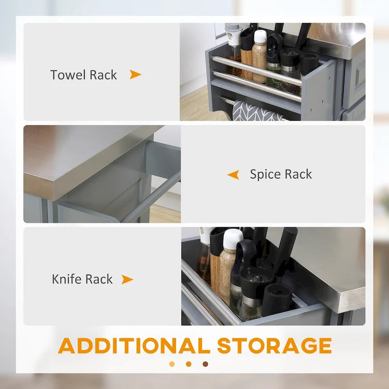 Rolling Kitchen Island with Storage, Portable Kitchen Cart with Stainless Steel Top, Gray