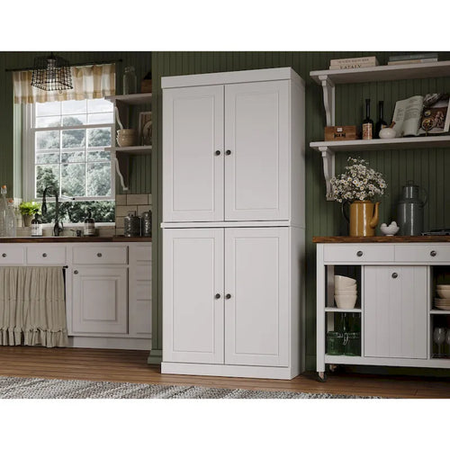100% Solid Wood Pantry Cabinet with Frosted, Clear Glass or Solid Doors and Adjustable Shelves