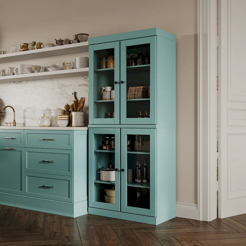 100% Solid Wood Pantry Cabinet with Frosted, Clear Glass or Solid Doors and Adjustable Shelves