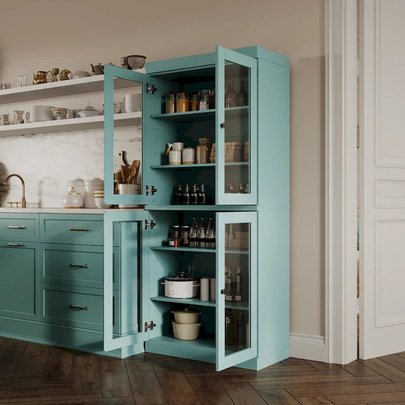 100% Solid Wood Pantry Cabinet with Frosted, Clear Glass or Solid Doors and Adjustable Shelves