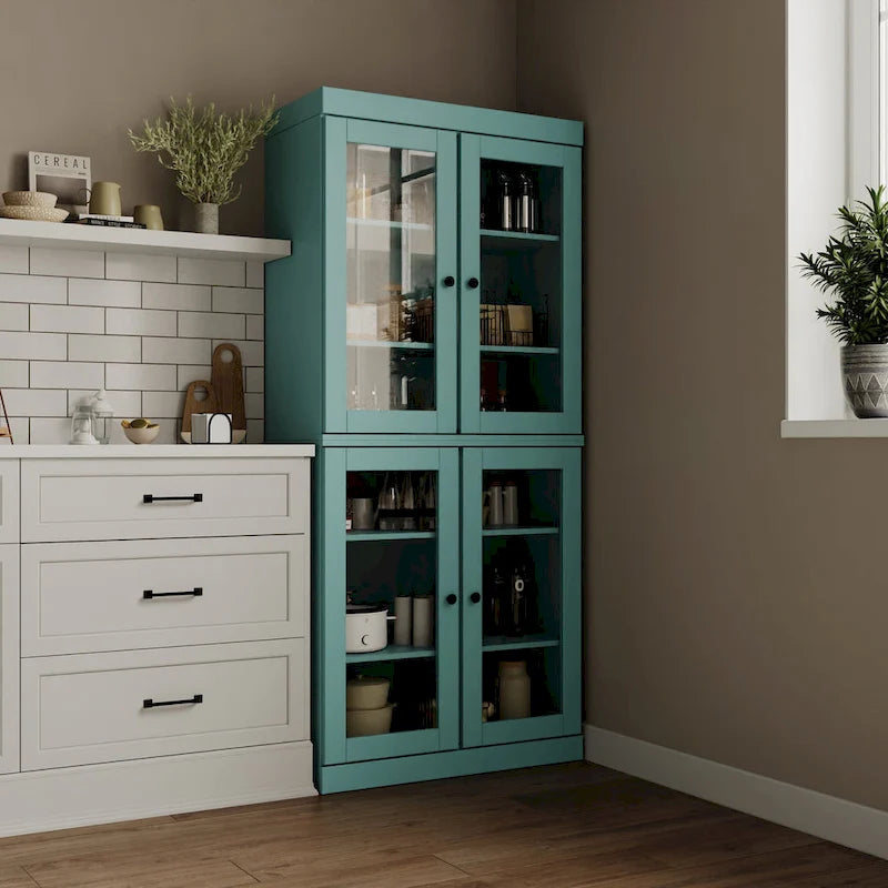 100% Solid Wood Pantry Cabinet with Frosted, Clear Glass or Solid Doors and Adjustable Shelves