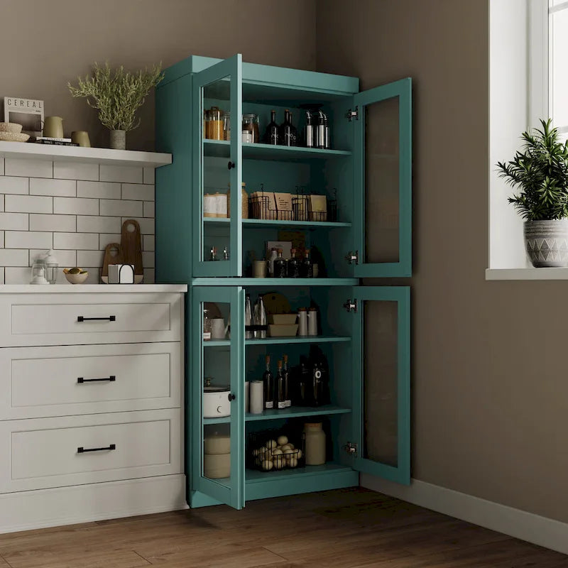 100% Solid Wood Pantry Cabinet with Frosted, Clear Glass or Solid Doors and Adjustable Shelves
