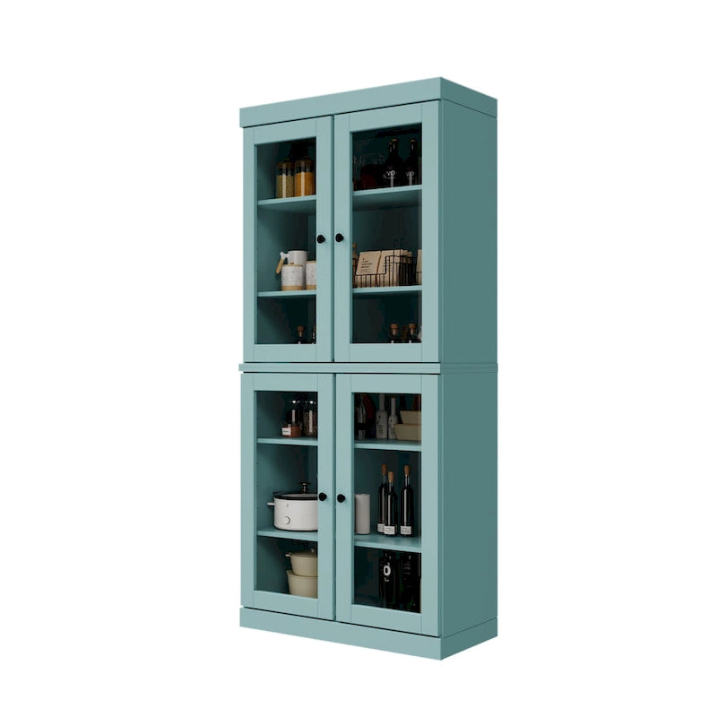 100% Solid Wood Pantry Cabinet with Frosted, Clear Glass or Solid Doors and Adjustable Shelves