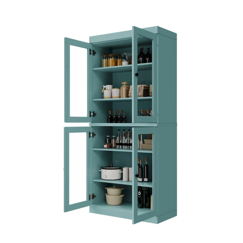 100% Solid Wood Pantry Cabinet with Frosted, Clear Glass or Solid Doors and Adjustable Shelves