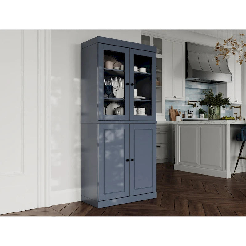 100% Solid Wood Pantry Cabinet with Frosted, Clear Glass or Solid Doors and Adjustable Shelves